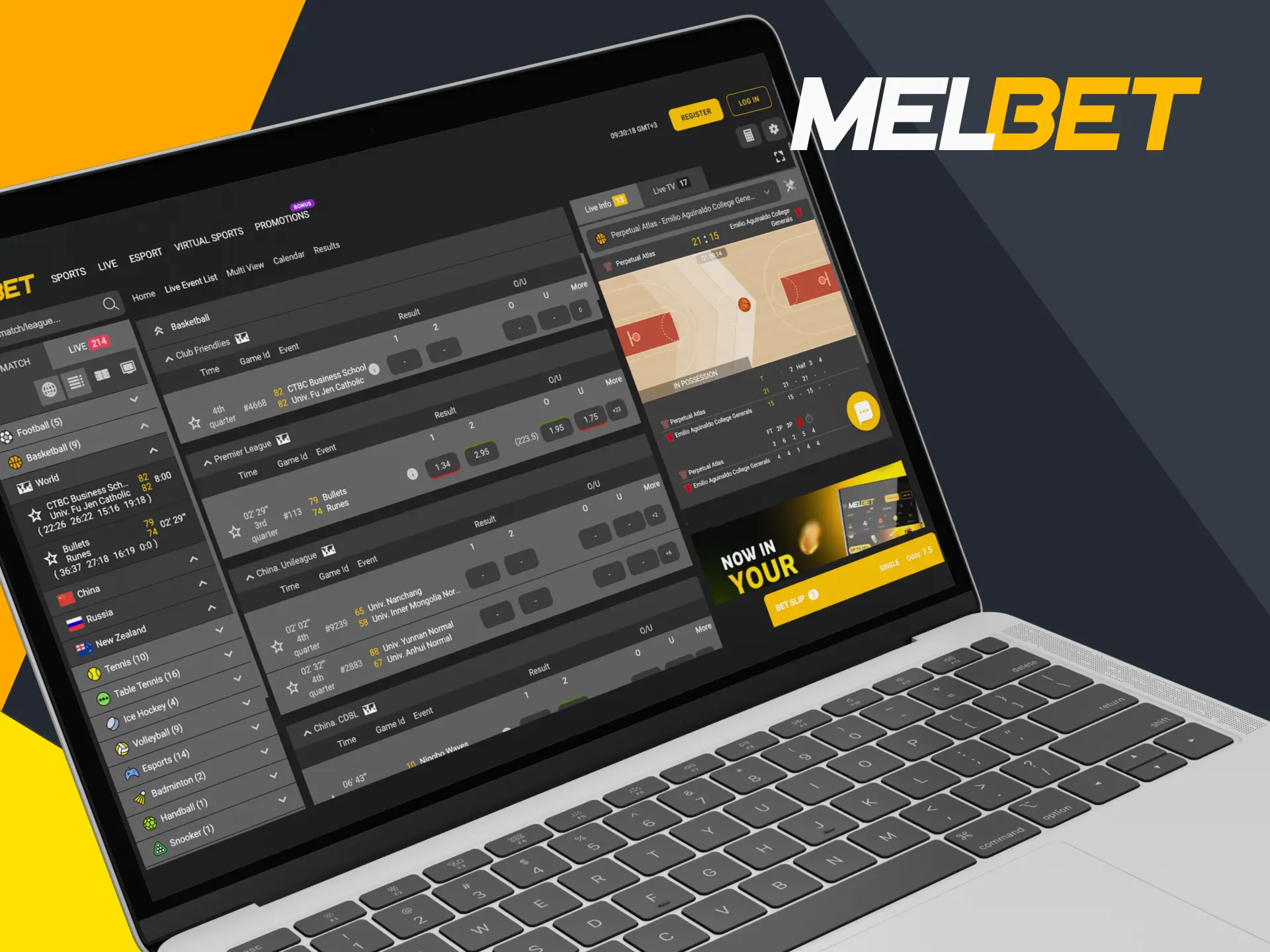 Bet on basketball matches in real time after registering at Melbet.