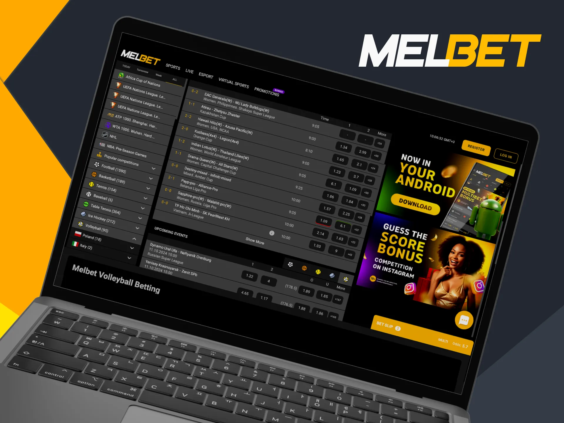 Volleyball as a betting sport on the Melbet platform includes both men's and women's competitions.