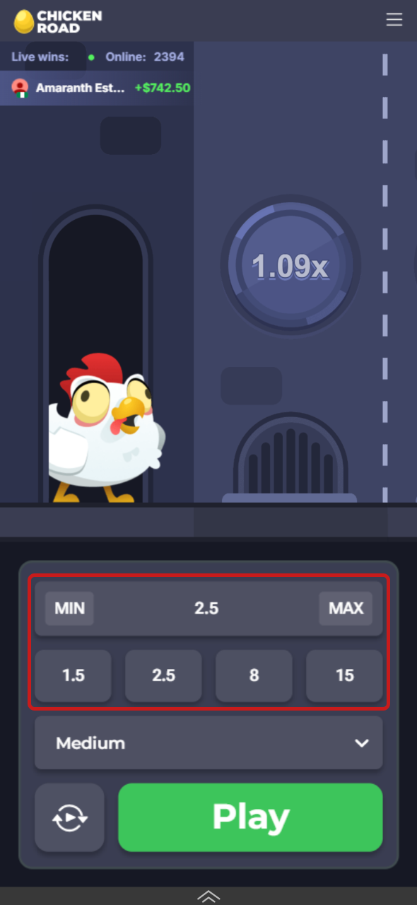 Choose your stake in Chicken Road and set your preferred amount.