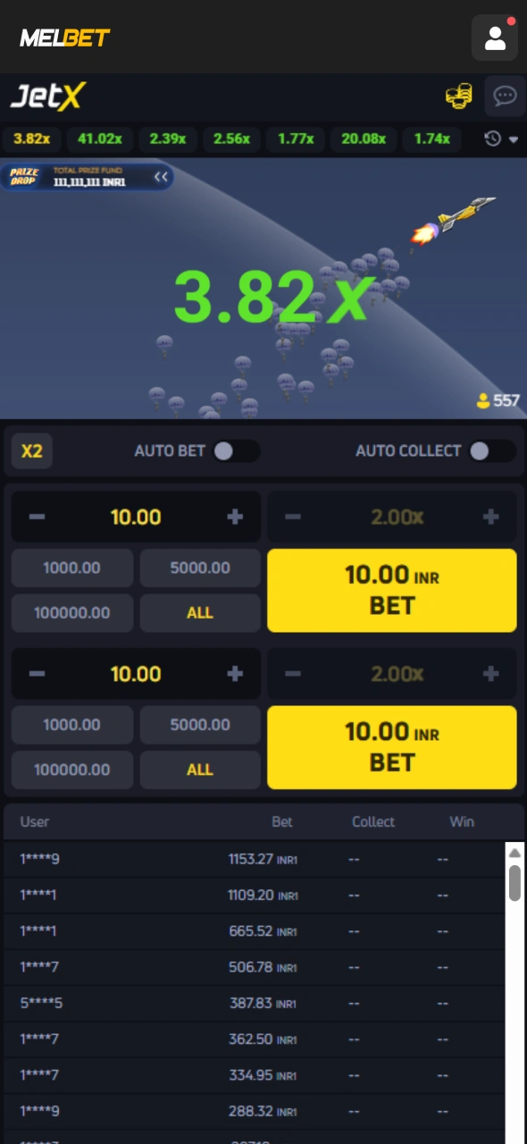 Start playing JetX on Melbet and follow the round from your device.