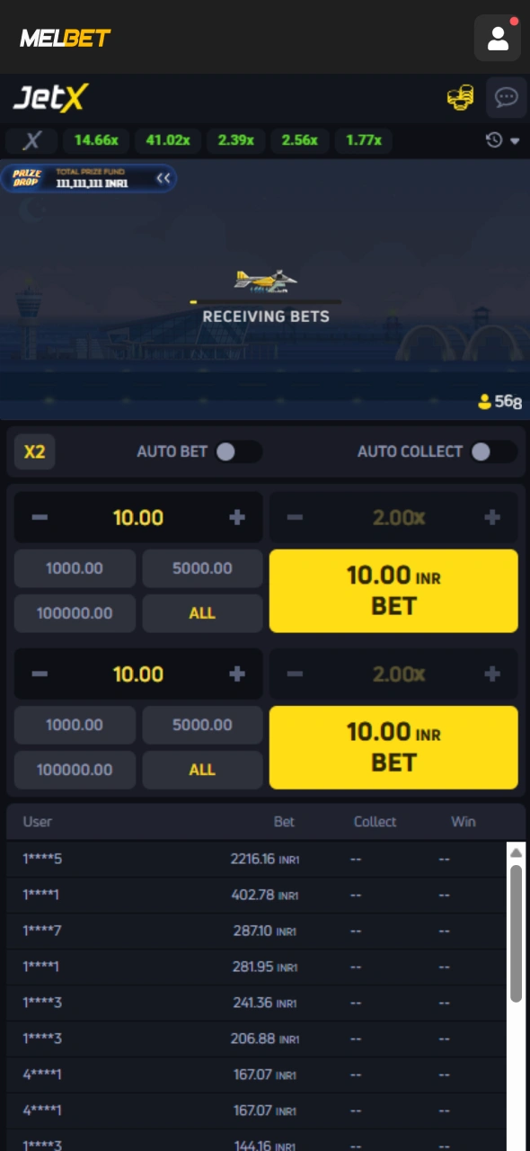Place your first JetX bet through Melbet and start the round.