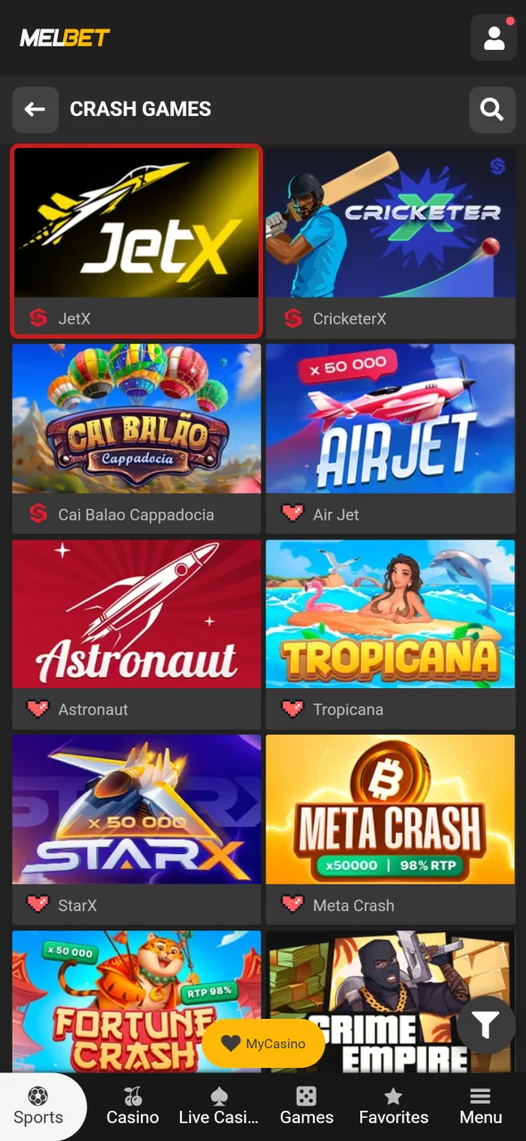 Find JetX in the Melbet casino and open the game in India.